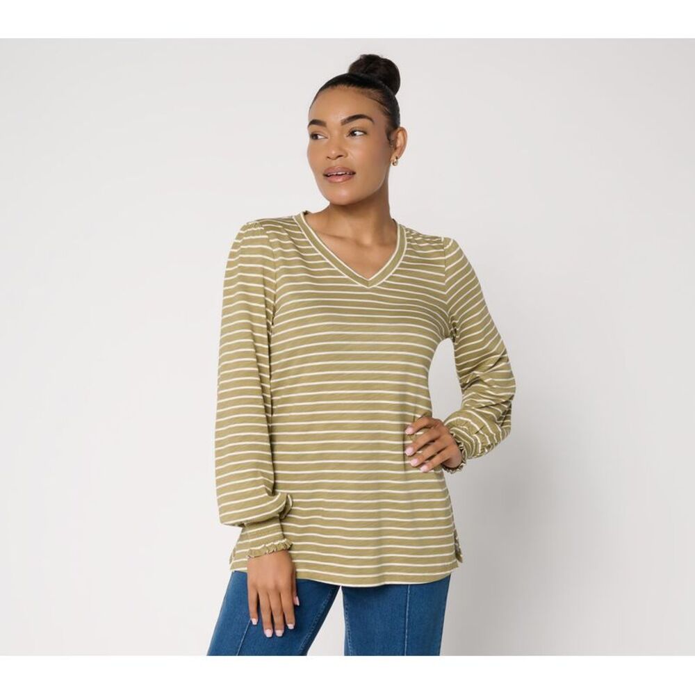 Belle by Kim Gravel Women's Top Plus Sz 1X Slub Knit Pinstripe V Green